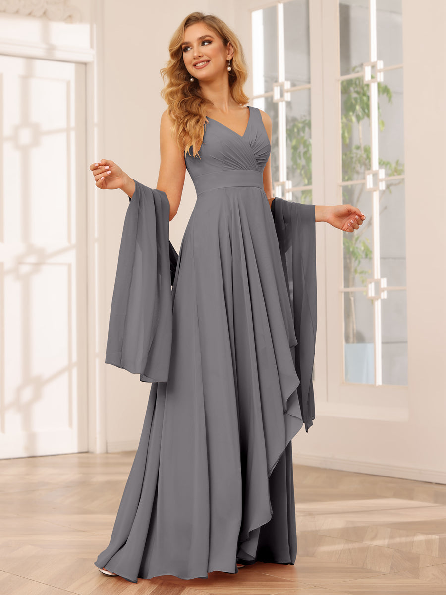 A-Line/Princess V-Neck Asymmetrical Bridesmaid Dresses with Ruffles Silver Gray