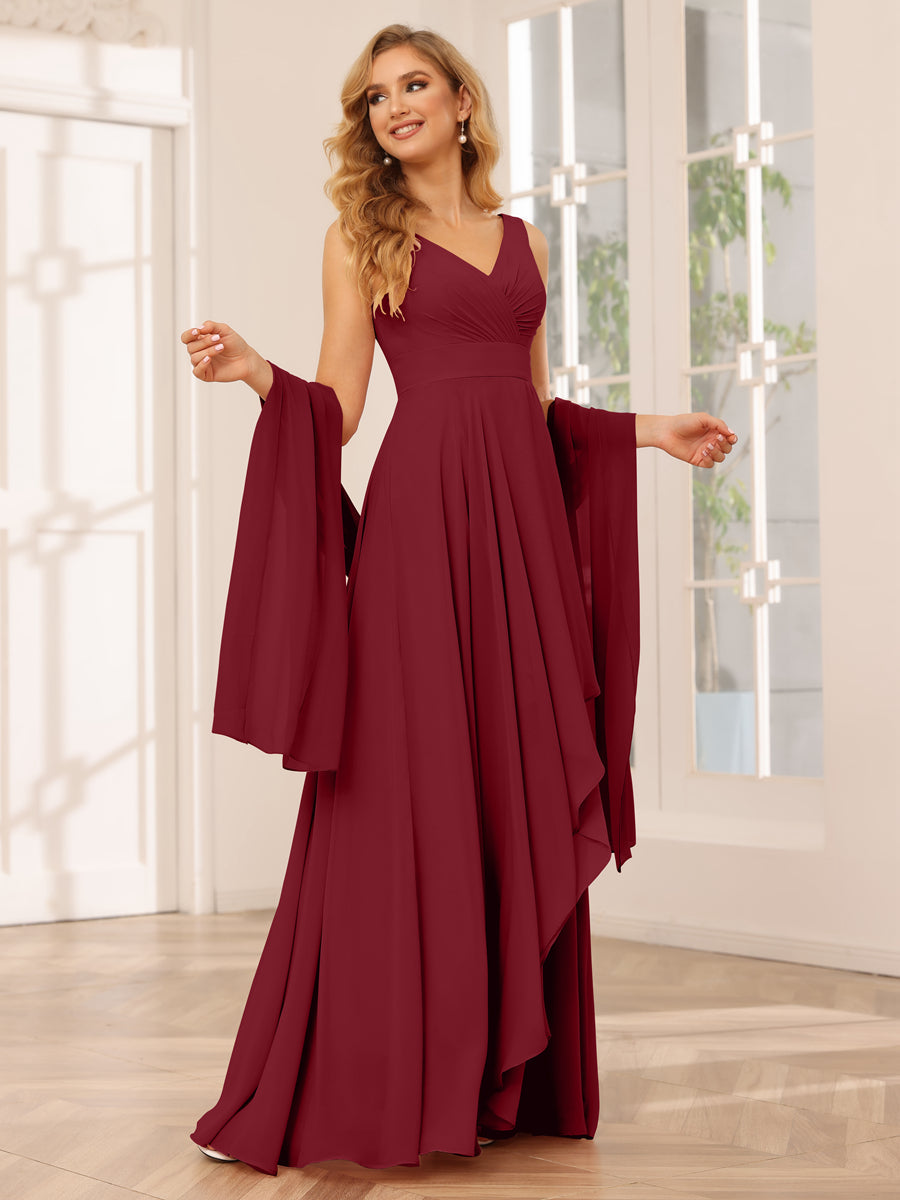 A-Line/Princess V-Neck Asymmetrical Bridesmaid Dresses with Ruffles Wine Red