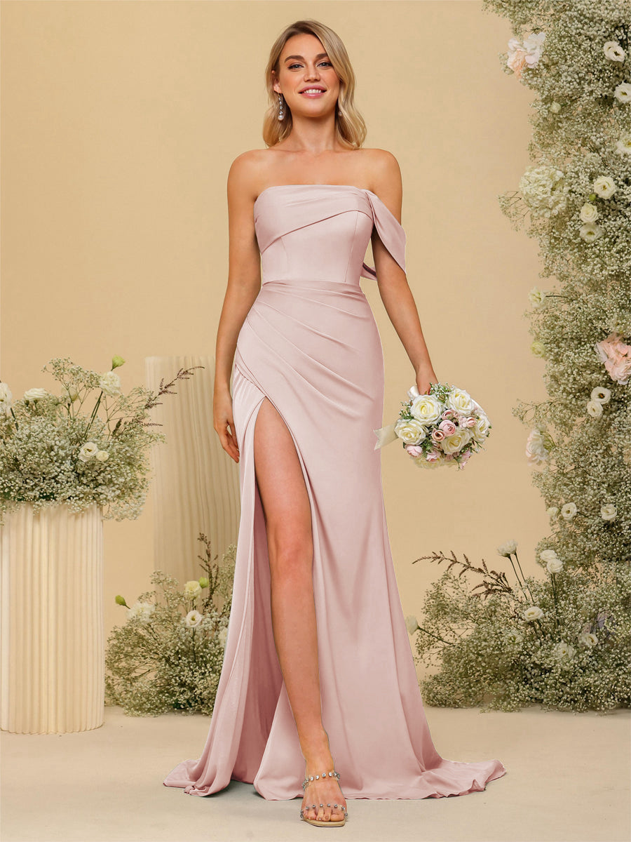 Sheath/Column Off-the-Shoulder Long Formal Dresses with Split Side Blush Pink