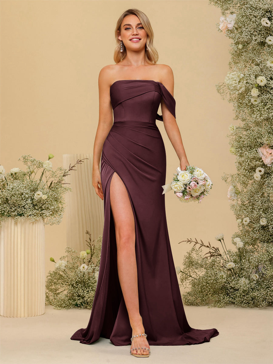 Sheath/Column Off-the-Shoulder Long Formal Dresses with Split Side Burgundy