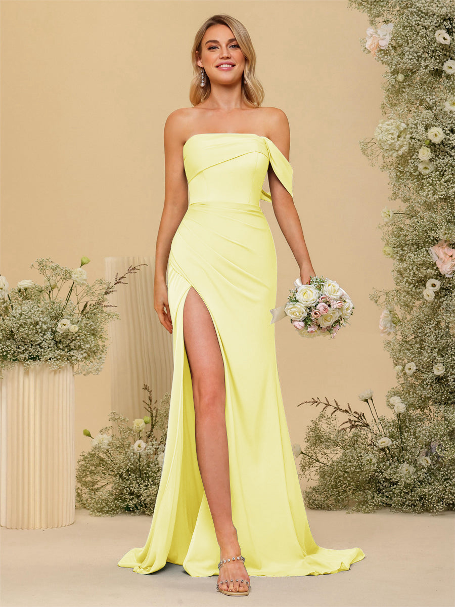 Sheath/Column Off-the-Shoulder Long Formal Dresses with Split Side Canary