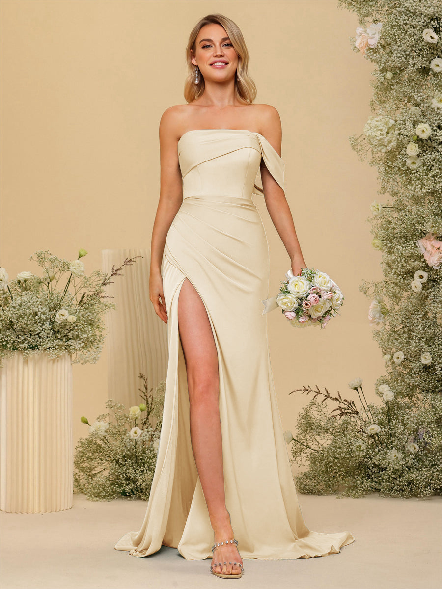 Sheath/Column Off-the-Shoulder Long Formal Dresses with Split Side Champagne