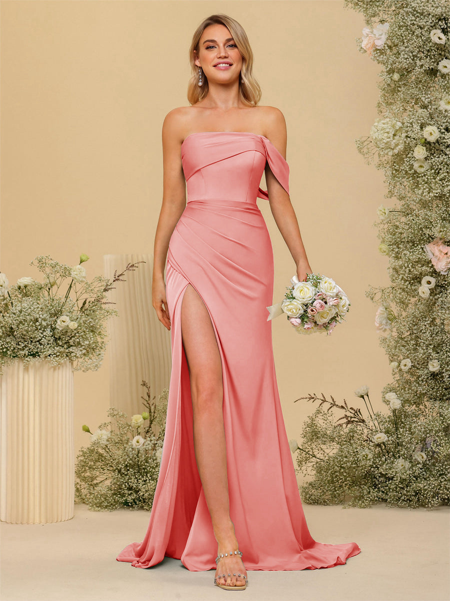 Sheath/Column Off-the-Shoulder Long Formal Dresses with Split Side Coral