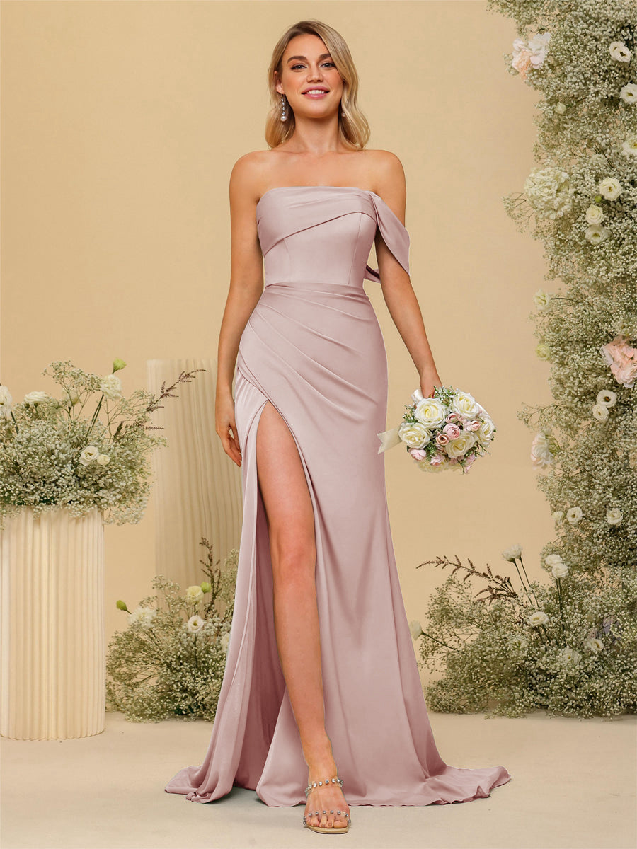 Sheath/Column Off-the-Shoulder Long Formal Dresses with Split Side Dusty Pink