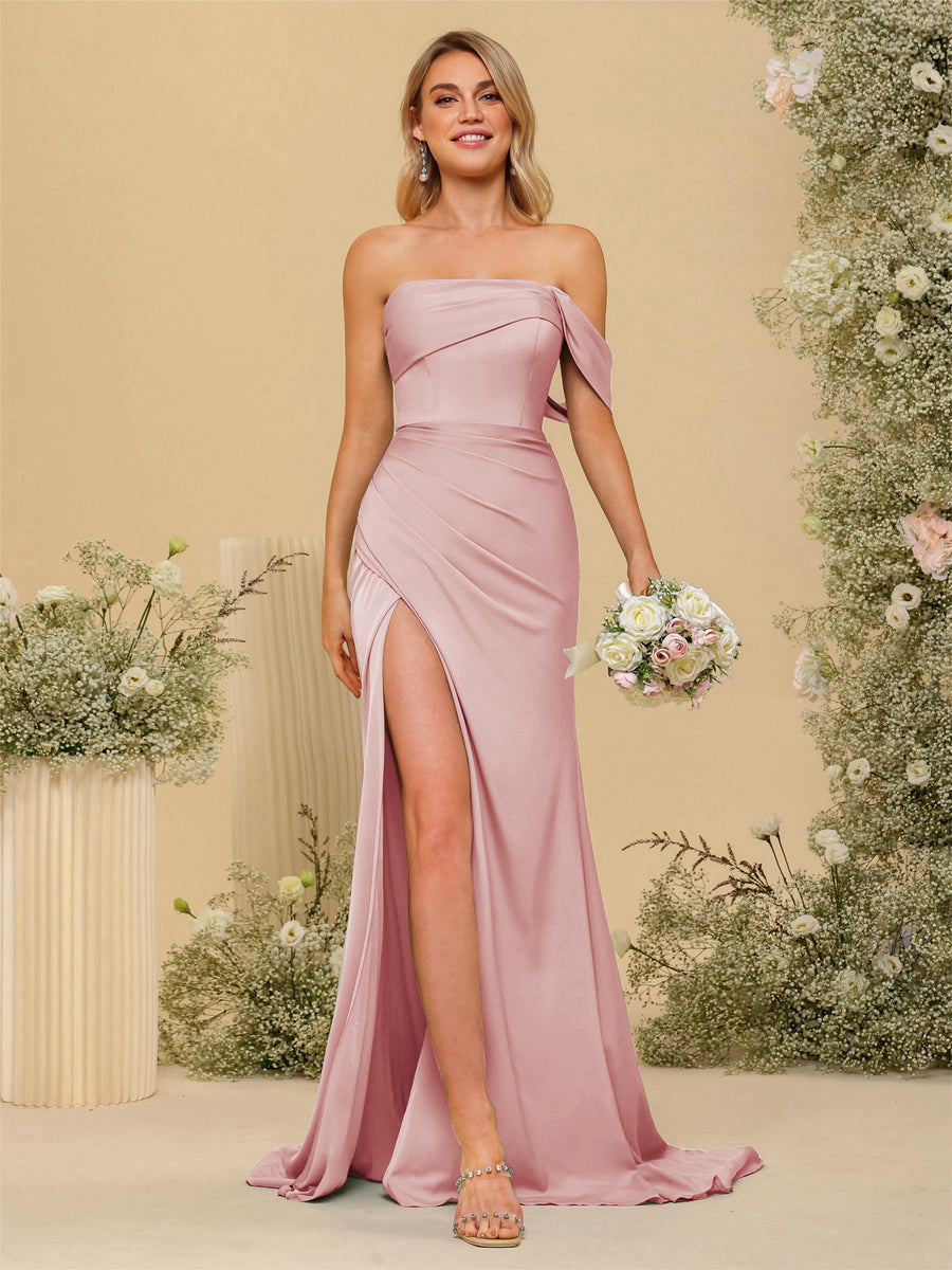 Sheath/Column Off-the-Shoulder Long Formal Dresses with Split Side Dusty Rose