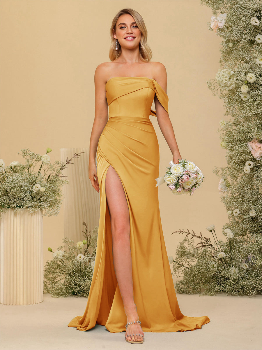 Sheath/Column Off-the-Shoulder Long Formal Dresses with Split Side Gold