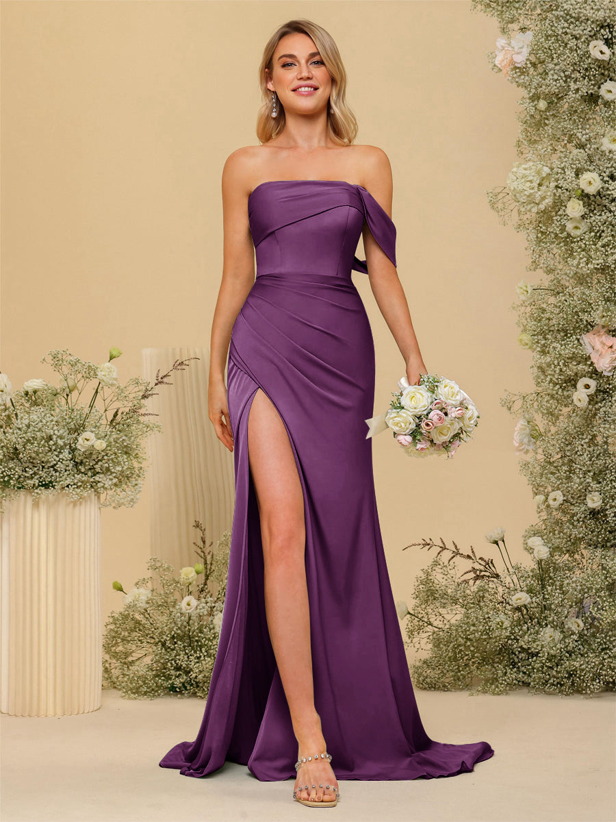 Sheath/Column Off-the-Shoulder Long Formal Dresses with Split Side Grape