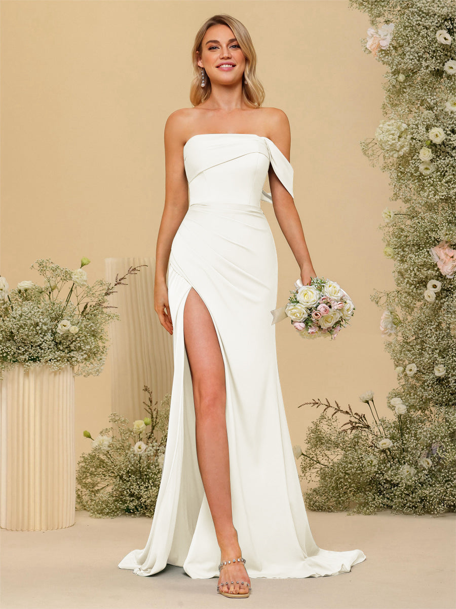 Sheath/Column Off-the-Shoulder Long Formal Dresses with Split Side Ivory