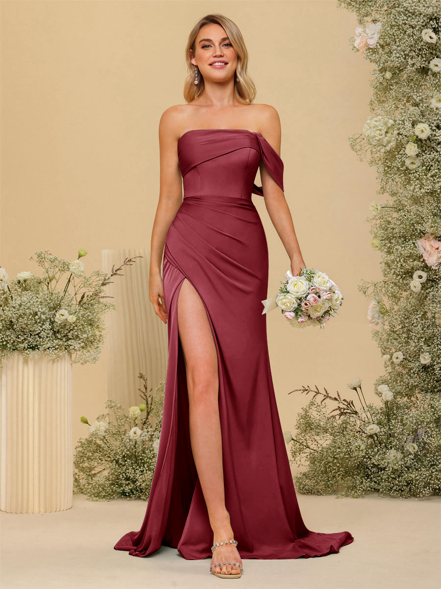 Sheath/Column Off-the-Shoulder Long Formal Dresses with Split Side Light Burgundy