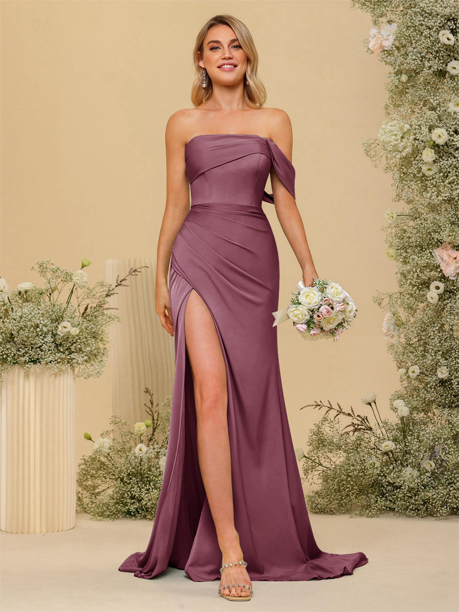 Sheath/Column Off-the-Shoulder Long Formal Dresses with Split Side Mulberry
