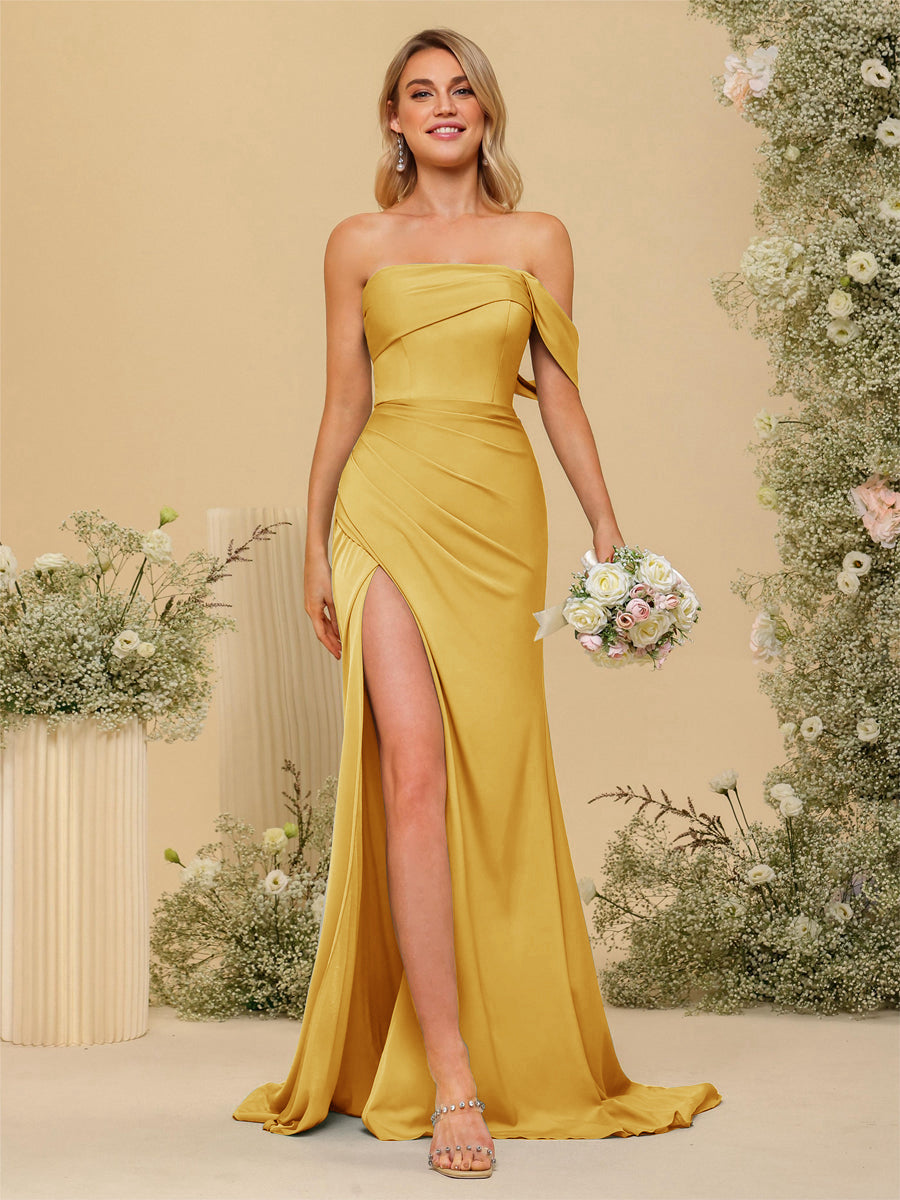 Sheath/Column Off-the-Shoulder Long Formal Dresses with Split Side Mustard Yellow