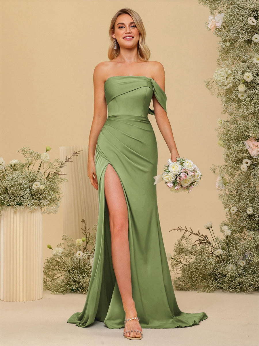 Sheath/Column Off-the-Shoulder Long Formal Dresses with Split Side Olive Green