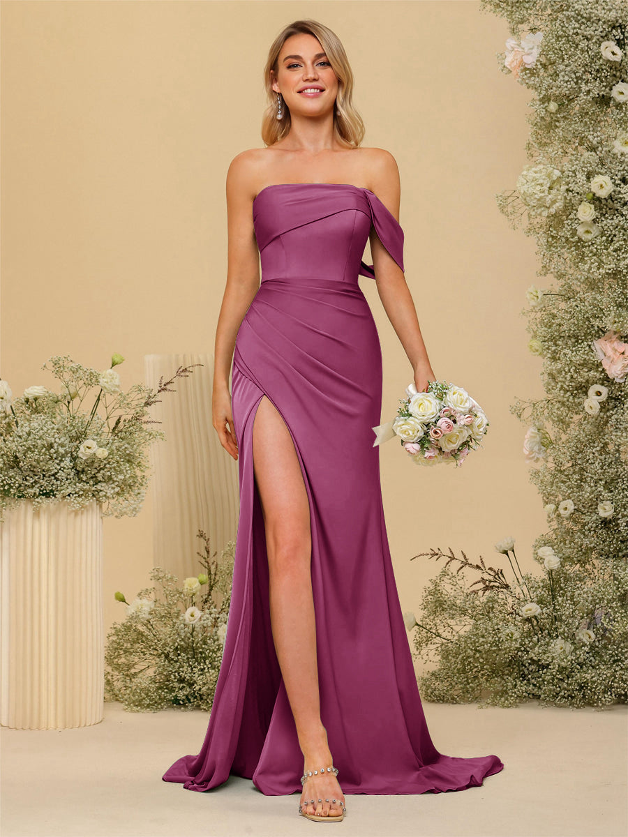 Sheath/Column Off-the-Shoulder Long Formal Dresses with Split Side Orchid