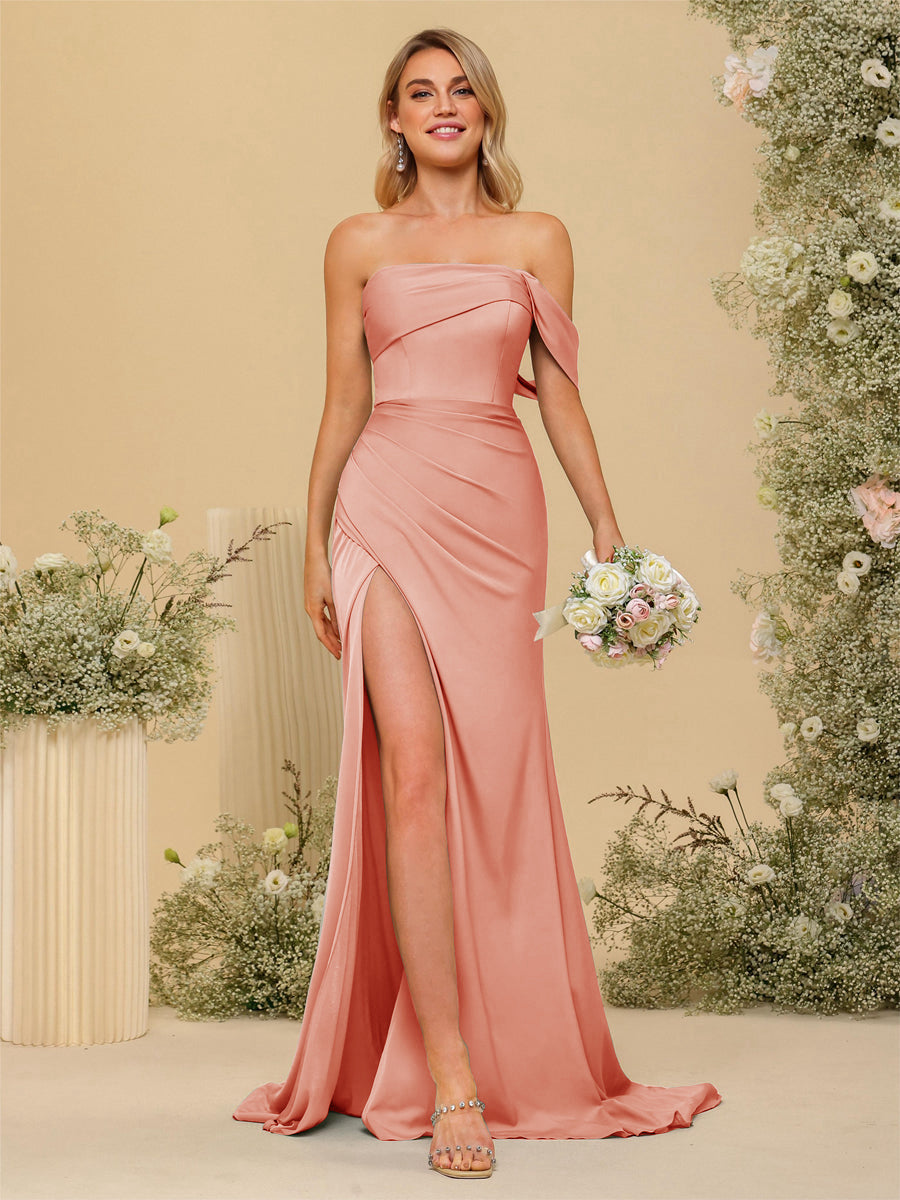 Sheath/Column Off-the-Shoulder Long Formal Dresses with Split Side Salmon