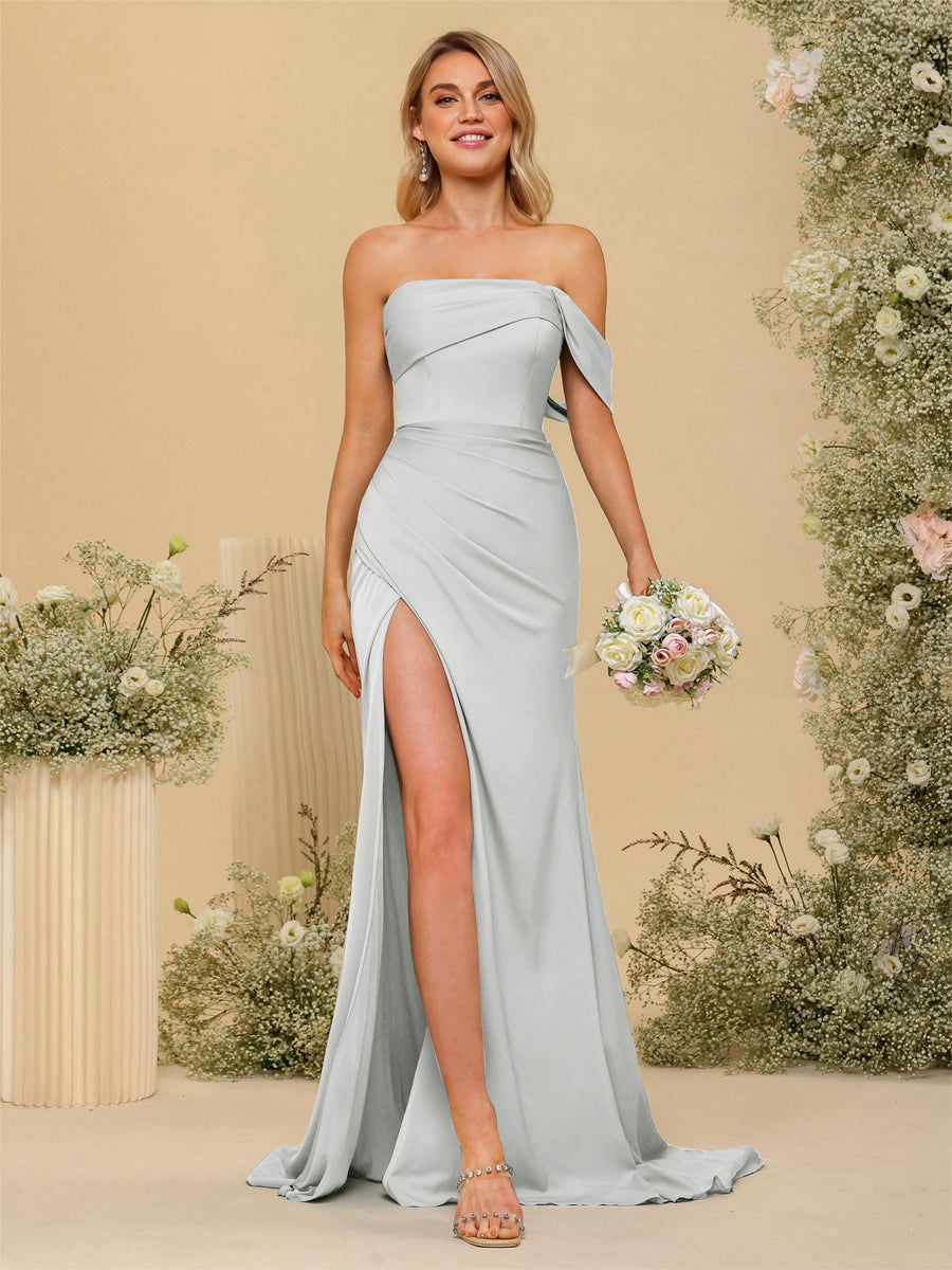 Sheath/Column Off-the-Shoulder Long Formal Dresses with Split Side Silver