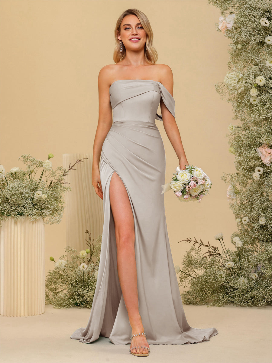 Sheath/Column Off-the-Shoulder Long Formal Dresses with Split Side Taupe