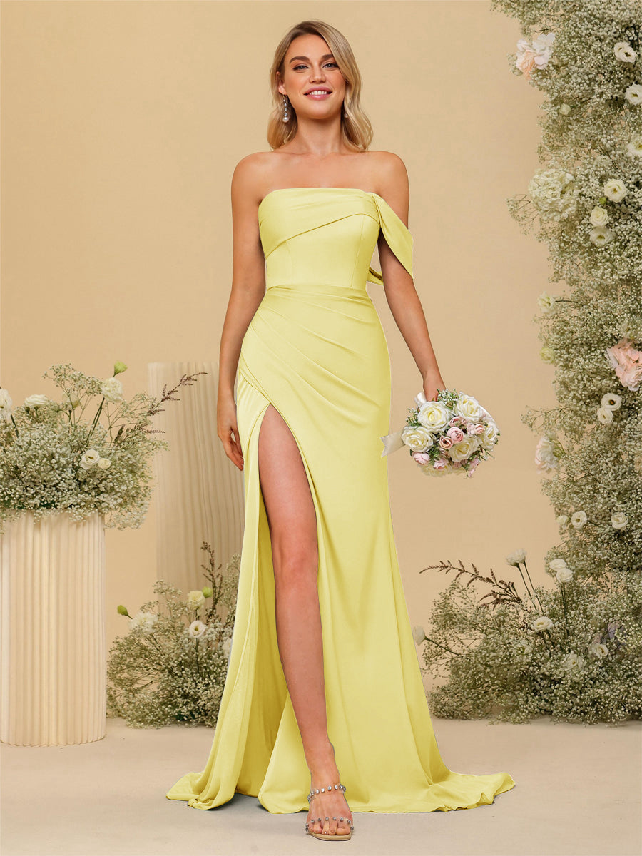 Sheath/Column Off-the-Shoulder Long Formal Dresses with Split Side Yellow