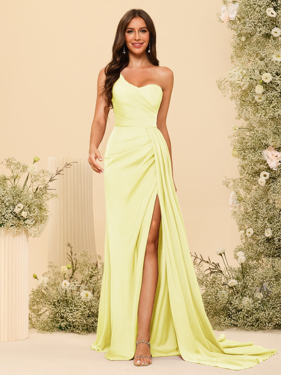 Sheath/Column One-Shoulder Sweetheart Long Formal Dresses with Split Side Canary