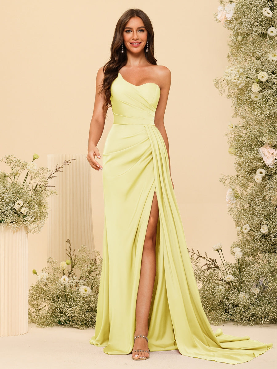 Sheath/Column One-Shoulder Sweetheart Long Formal Dresses with Split Side Yellow