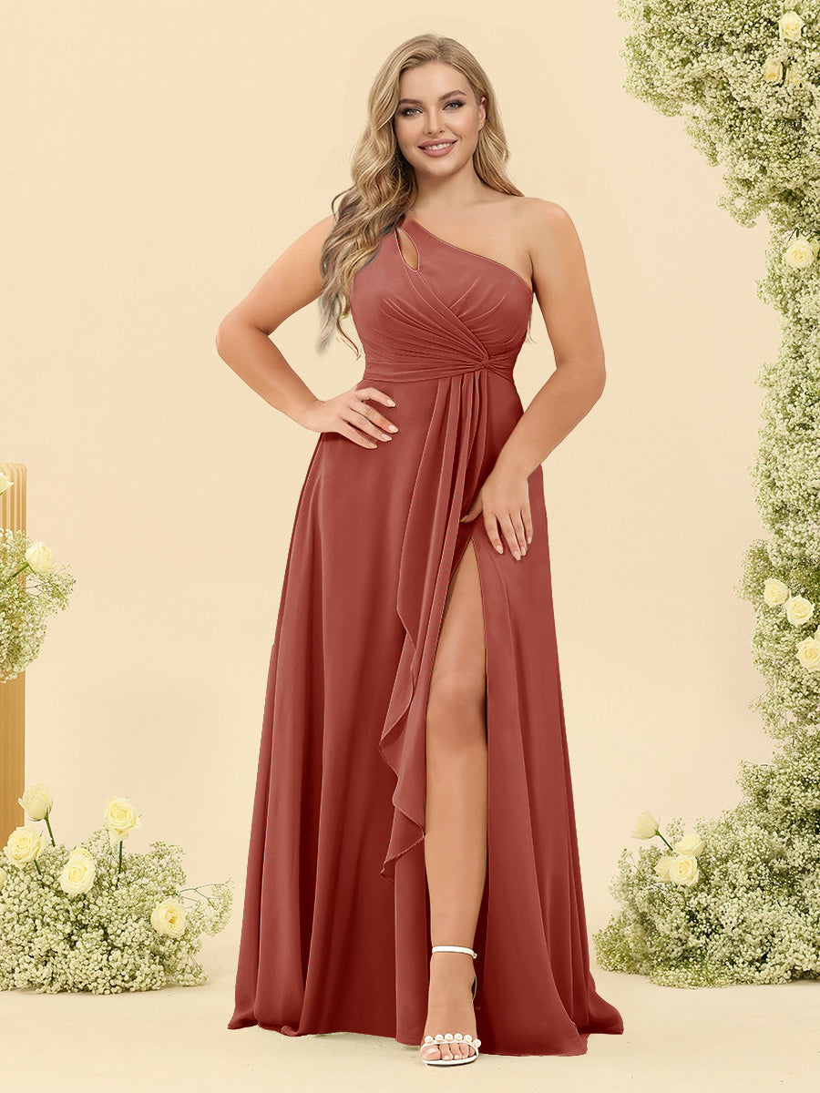 A-Line/Princess One-Shoulder Long Bridesmaid Plus Size Dresses with Split Side Rust