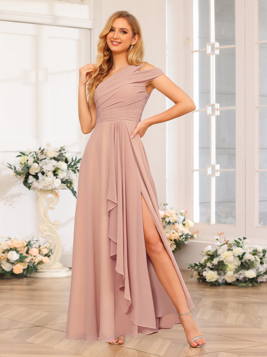 A-Line/Princess One-Shoulder Long Wedding Party Dresses with Split Side Dusty Rose