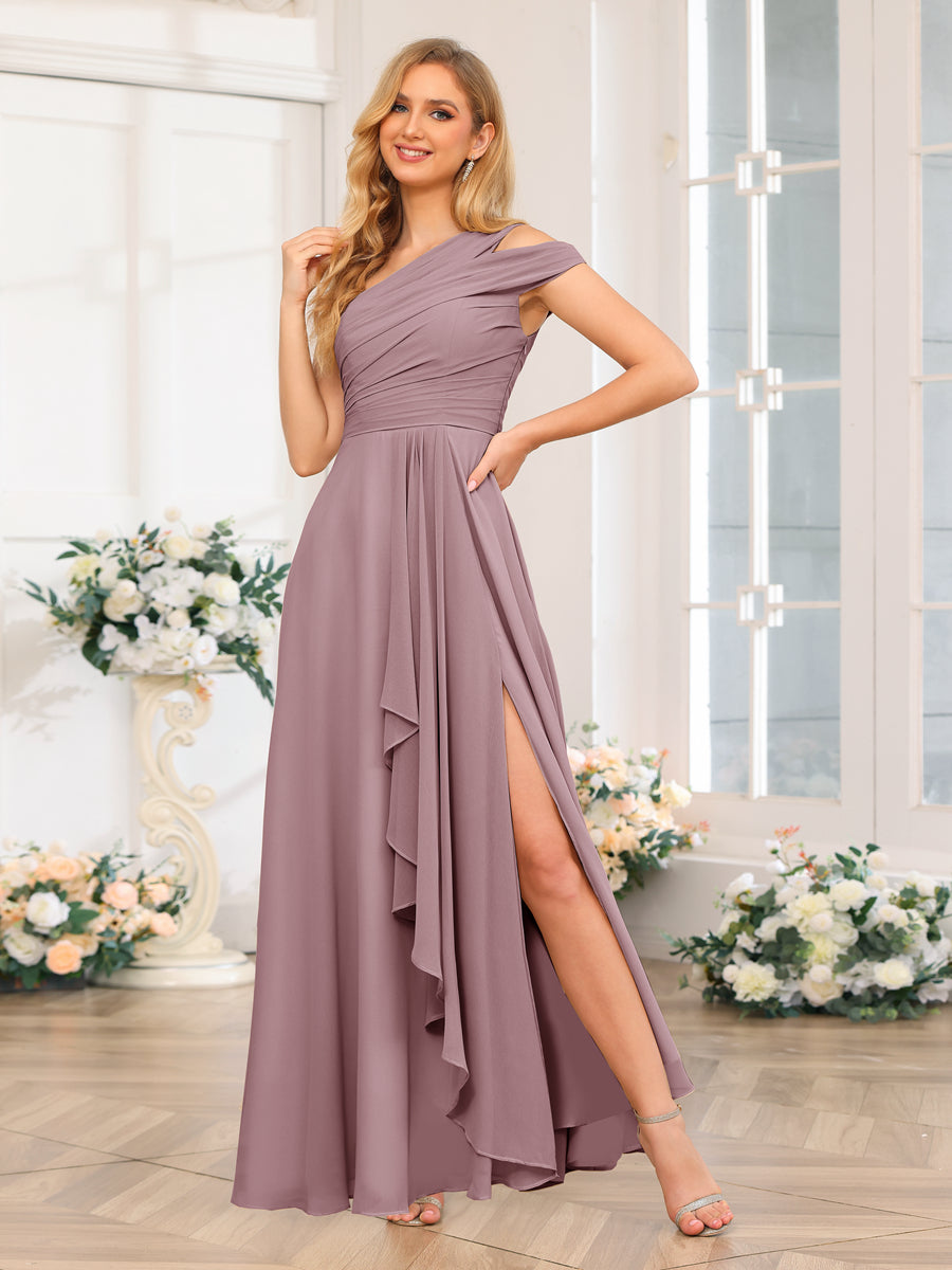A-Line/Princess One-Shoulder Long Wedding Party Dresses with Split Side Mauve