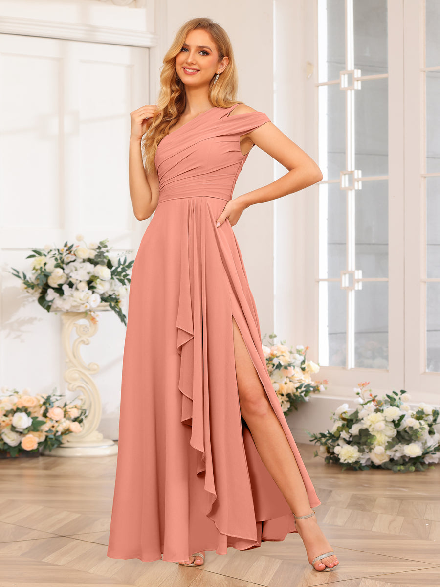 A-Line/Princess One-Shoulder Long Wedding Party Dresses with Split Side Salmon