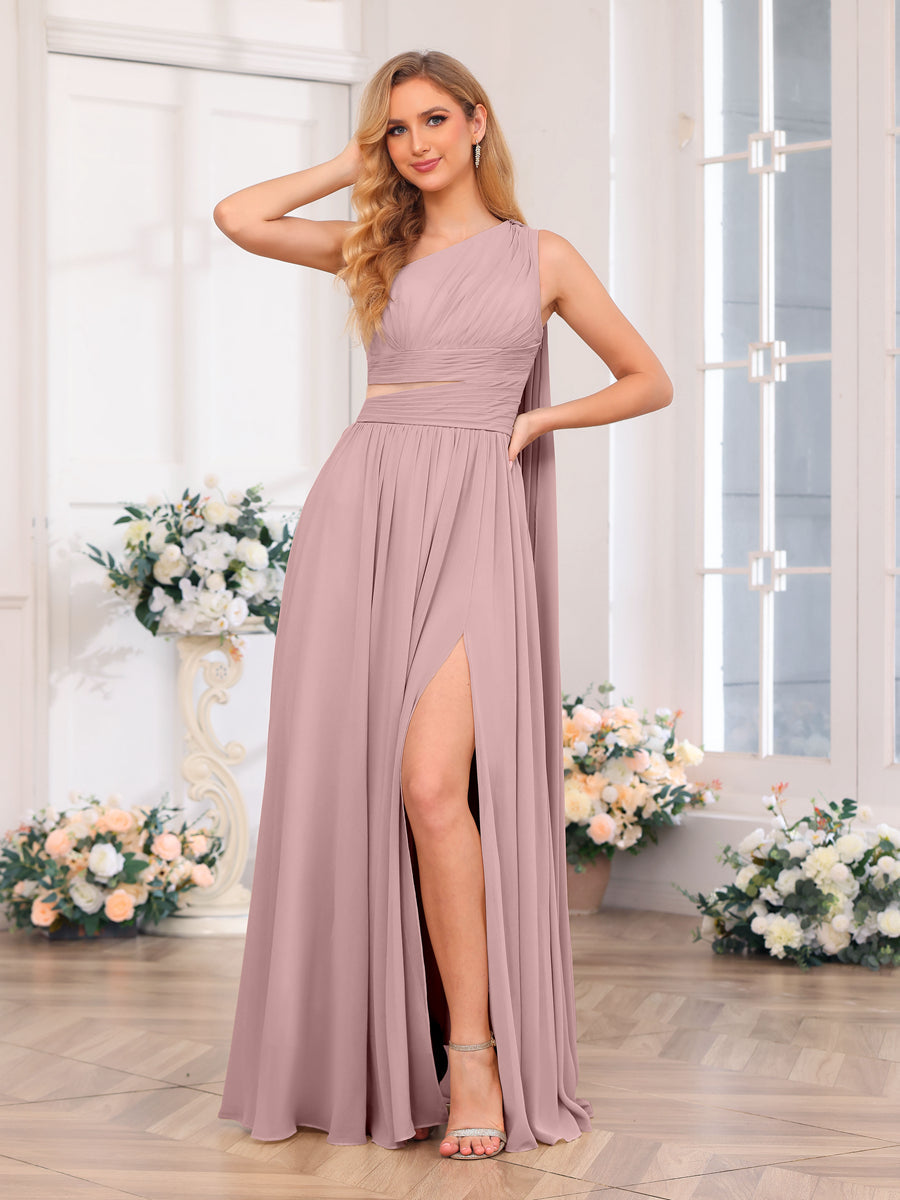 A-Line/Princess One-Shoulder Long Wedding Party Dresses with Watteau Train Dusty Pink