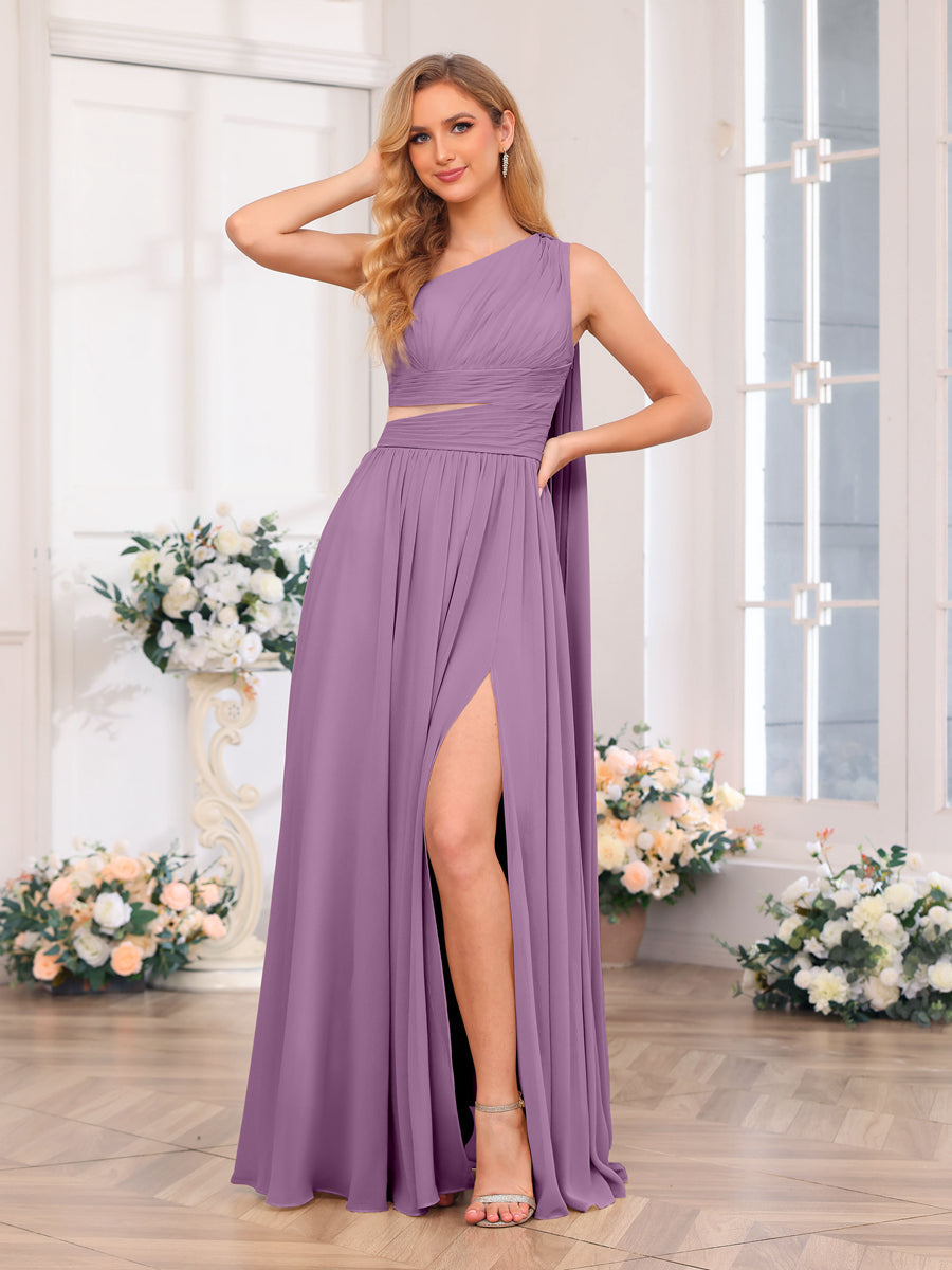 A-Line/Princess One-Shoulder Long Wedding Party Dresses with Watteau Train Dusty Purple