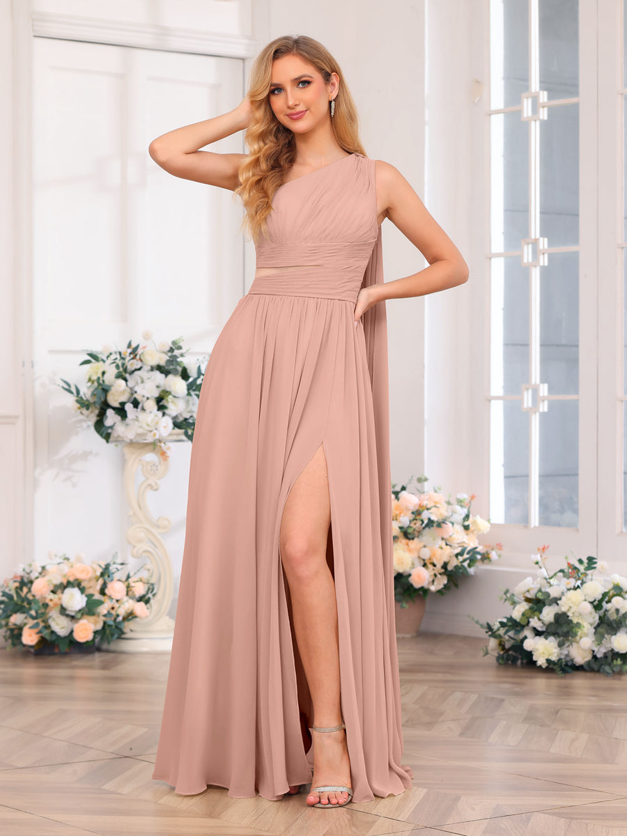 A-Line/Princess One-Shoulder Long Wedding Party Dresses with Watteau Train Dusty Rose
