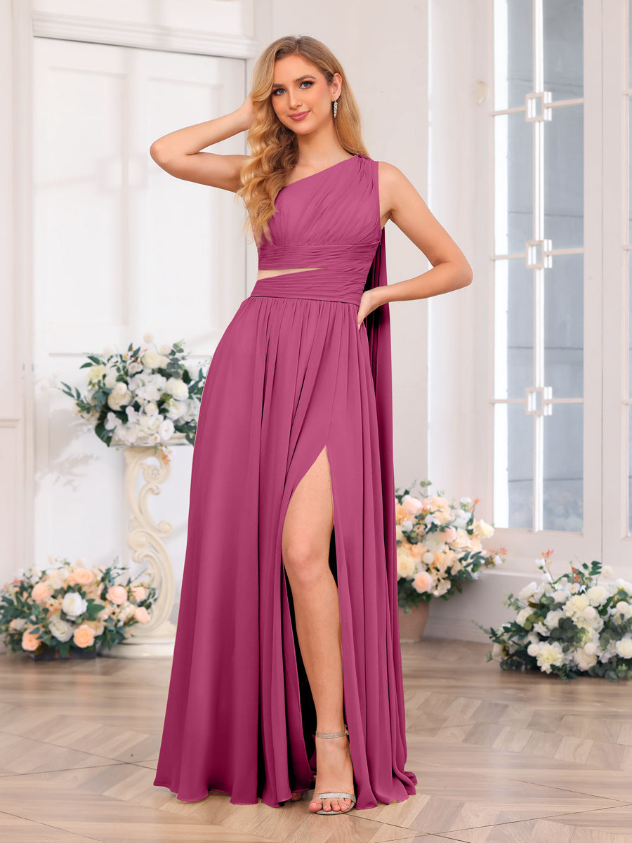A-Line/Princess One-Shoulder Long Wedding Party Dresses with Watteau Train Fuchsia