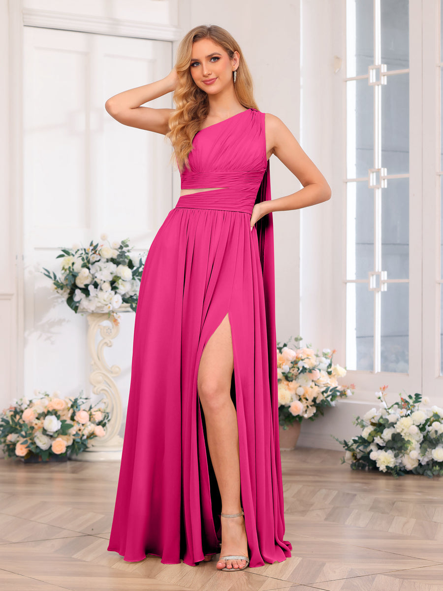 A-Line/Princess One-Shoulder Long Wedding Party Dresses with Watteau Train Fuchsia Pink