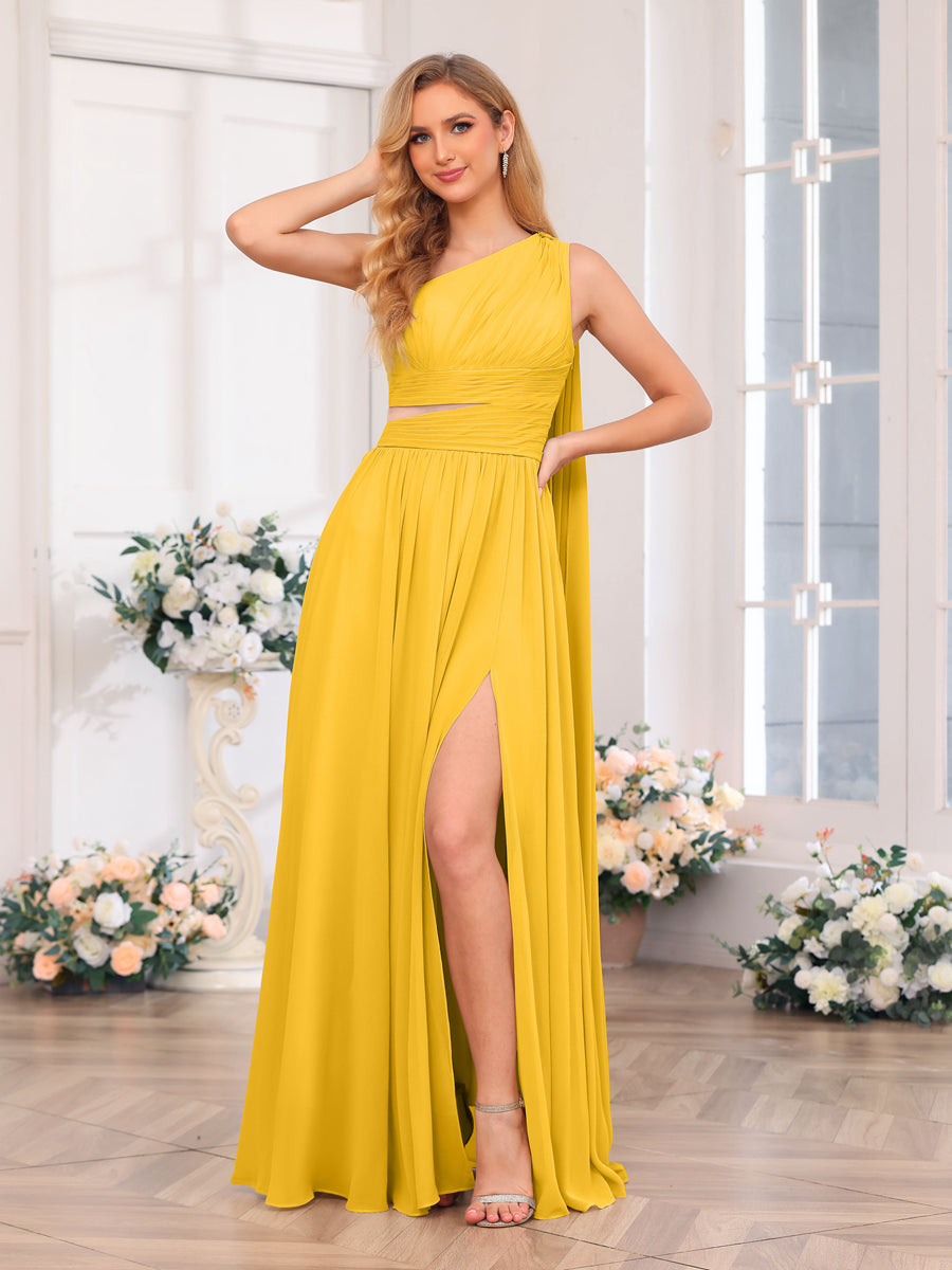A-Line/Princess One-Shoulder Long Wedding Party Dresses with Watteau Train Gold
