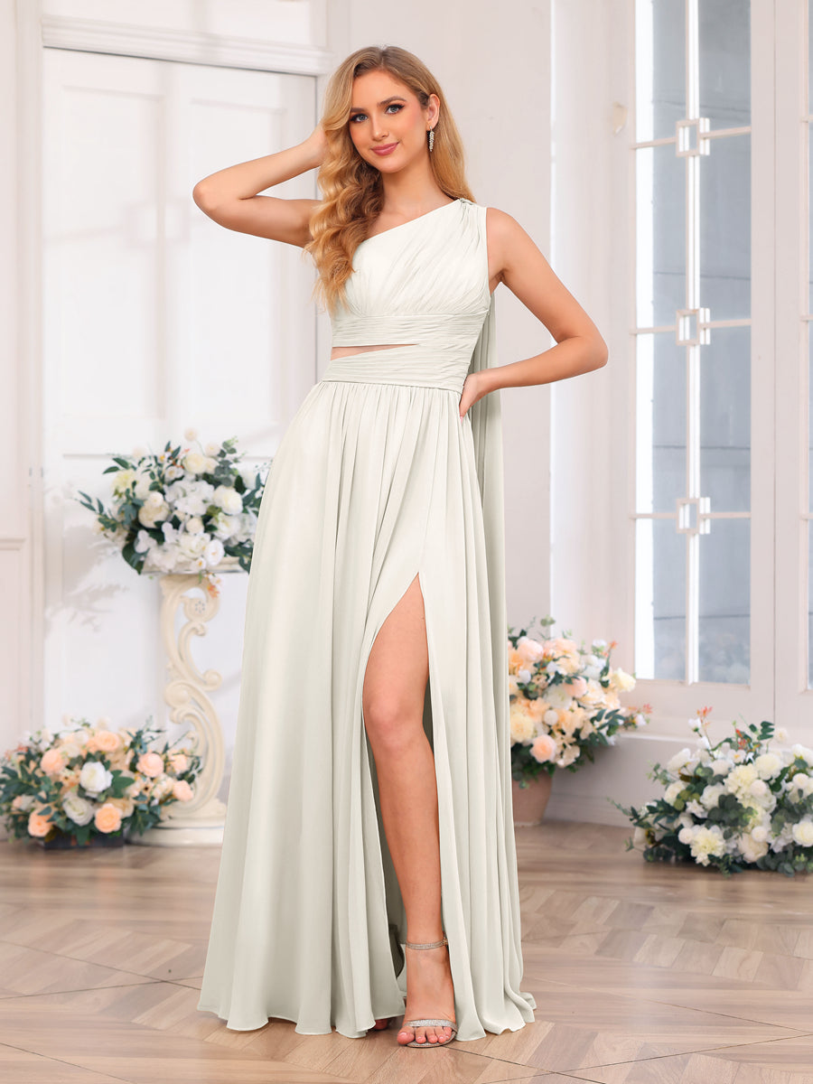 A-Line/Princess One-Shoulder Long Wedding Party Dresses with Watteau Train Ivory