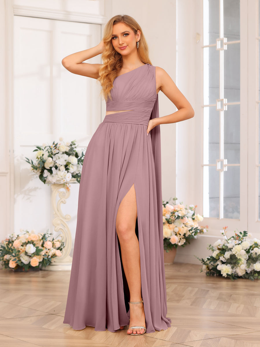 A-Line/Princess One-Shoulder Long Wedding Party Dresses with Watteau Train Mauve
