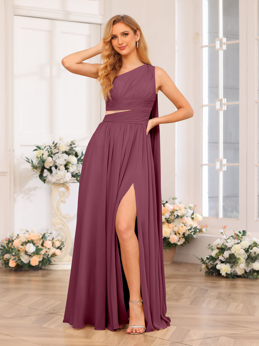 A-Line/Princess One-Shoulder Long Wedding Party Dresses with Watteau Train Mulberry