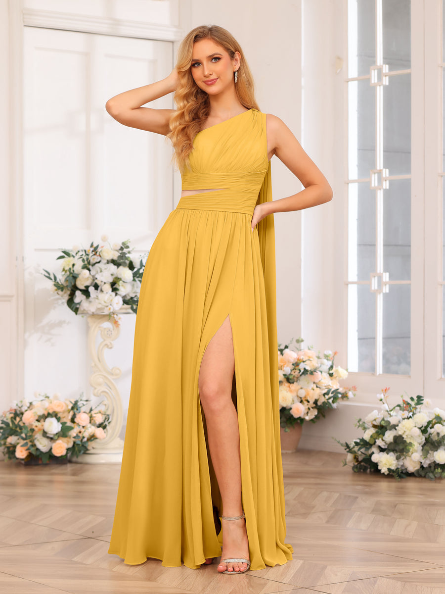 A-Line/Princess One-Shoulder Long Wedding Party Dresses with Watteau Train Mustard Yellow