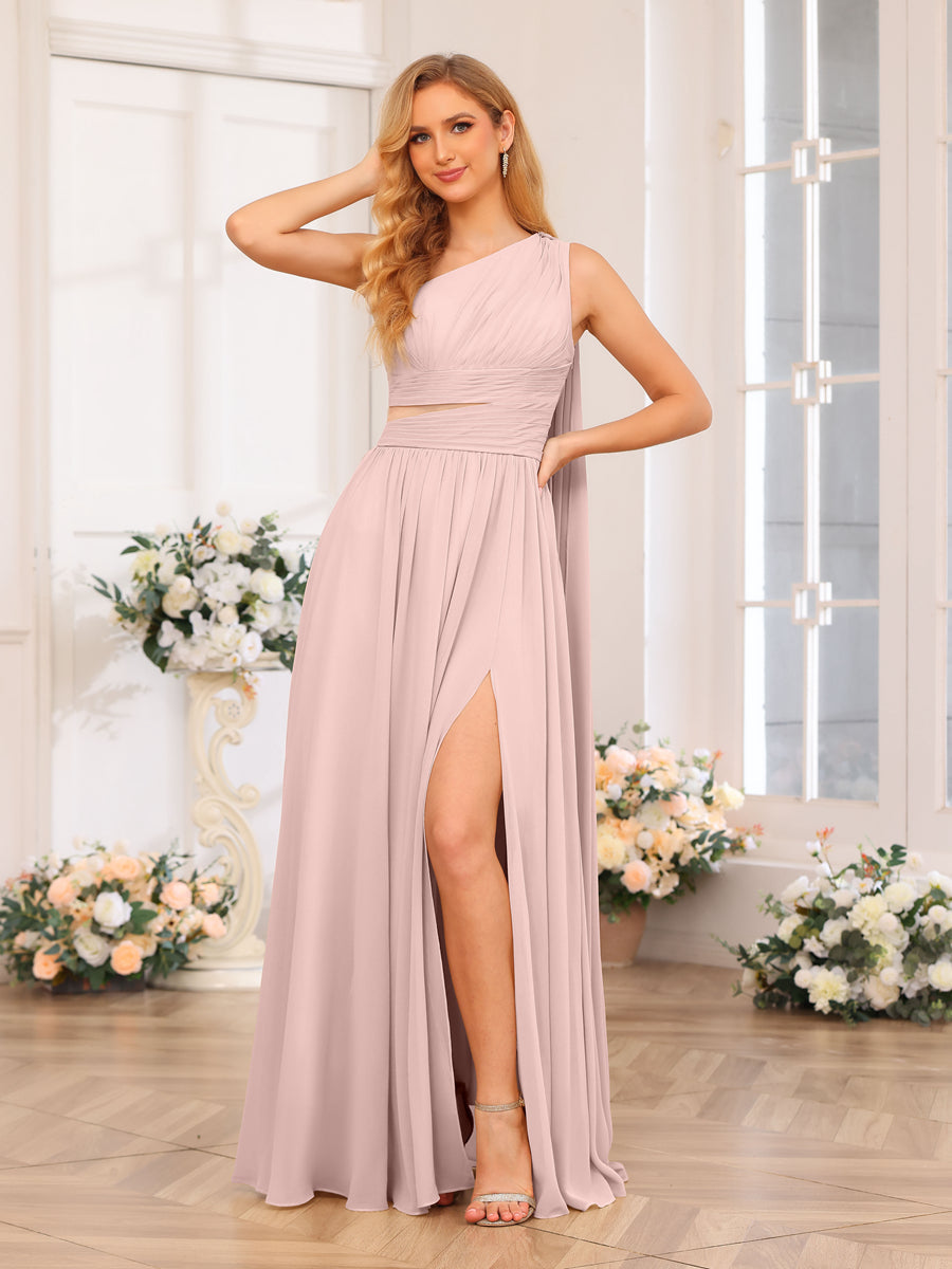 A-Line/Princess One-Shoulder Long Wedding Party Dresses with Watteau Train Pearl Pink
