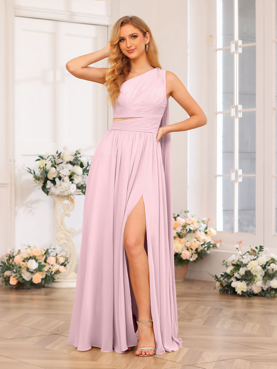 A-Line/Princess One-Shoulder Long Wedding Party Dresses with Watteau Train Pink