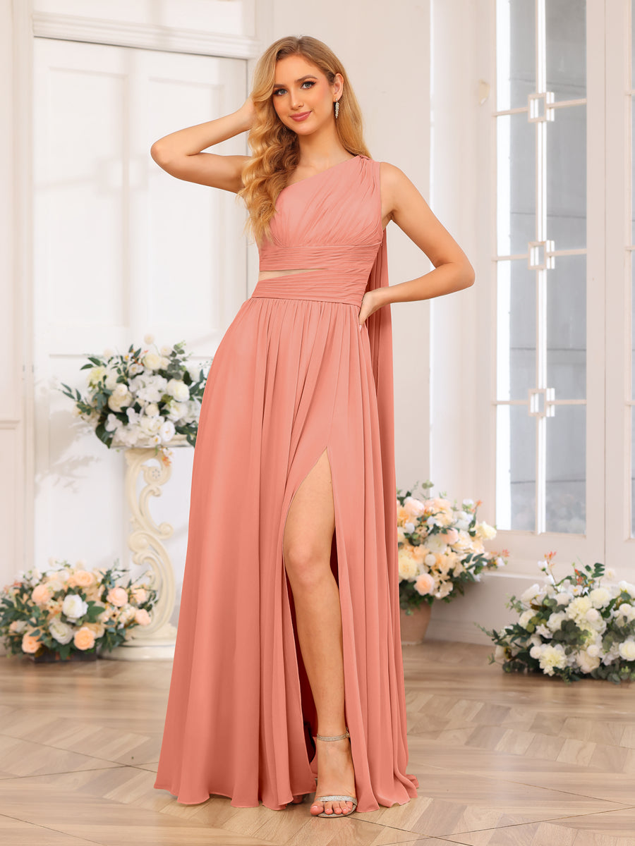 A-Line/Princess One-Shoulder Long Wedding Party Dresses with Watteau Train Salmon