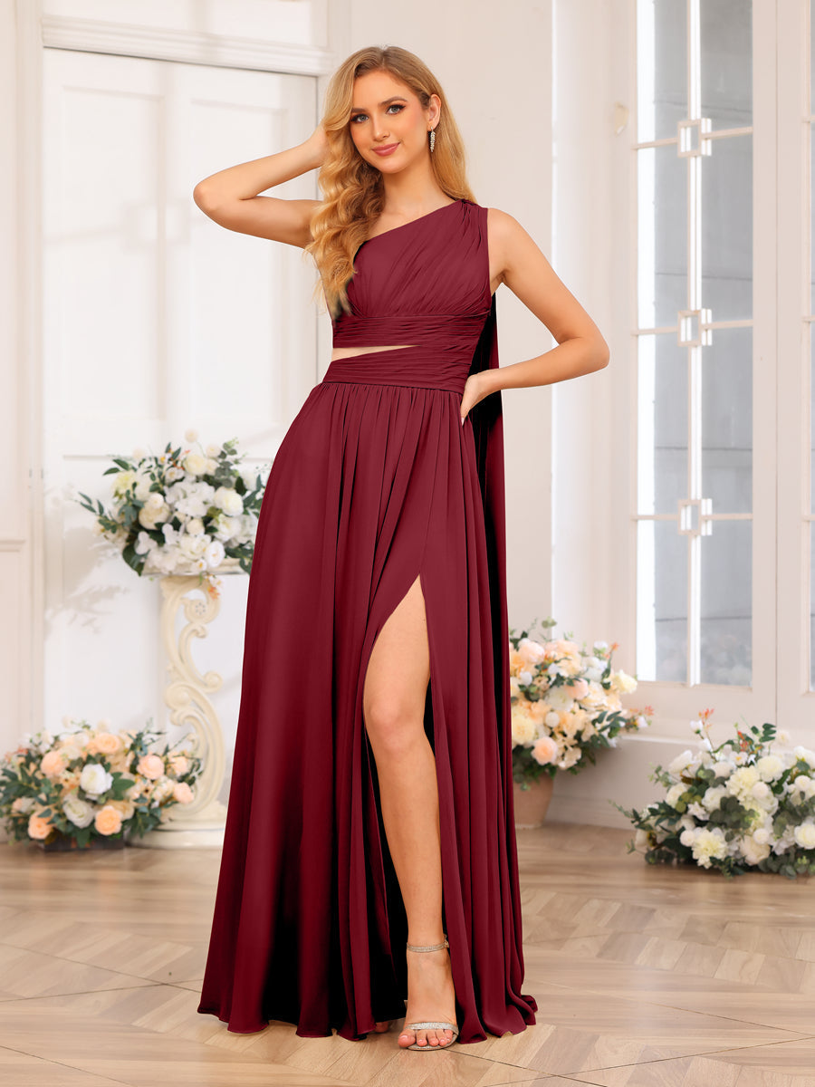 A-Line/Princess One-Shoulder Long Wedding Party Dresses with Watteau Train Wine Red