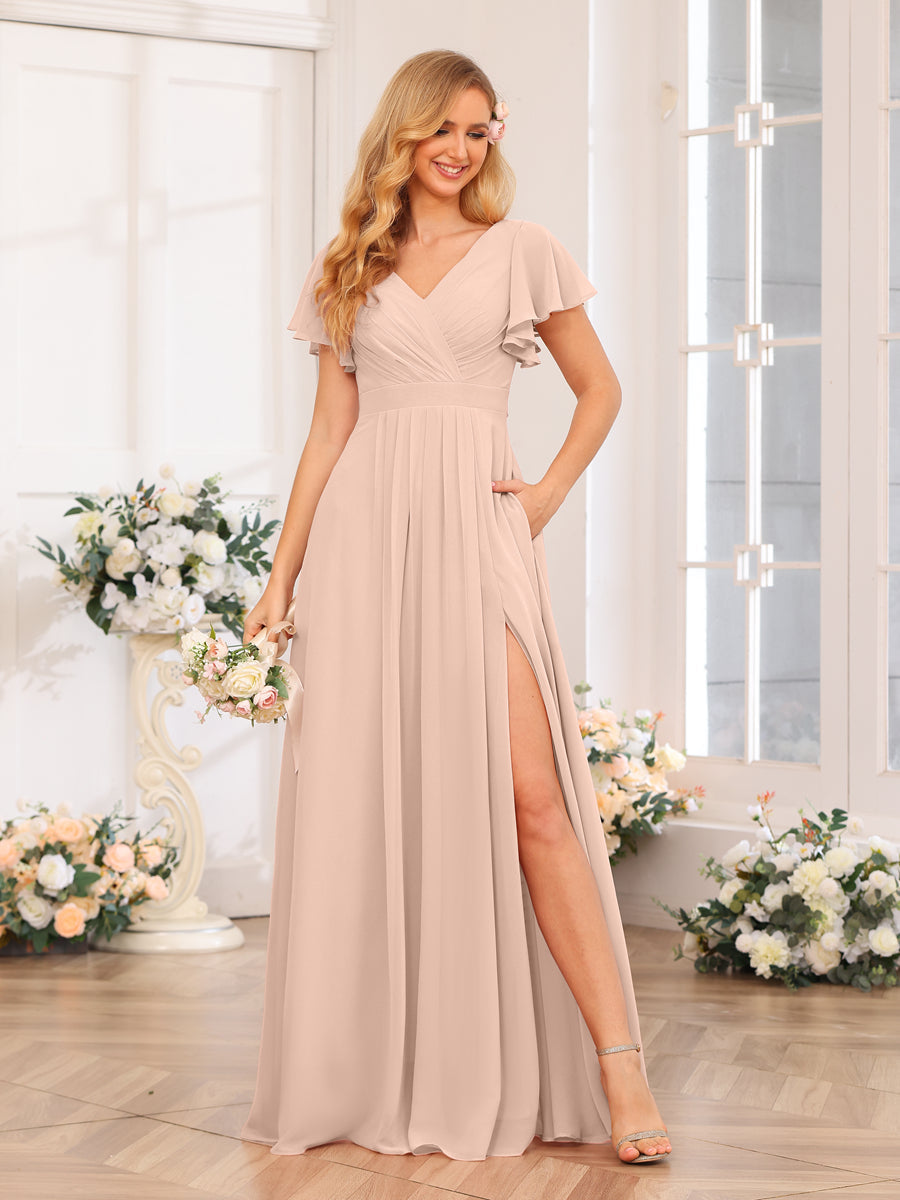 A-Line/Princess V-Neck Long Wedding Party Dresses with Split Side & Pockets Blush Pink