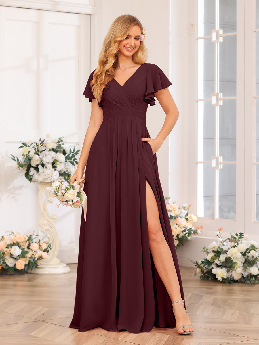 A-Line/Princess V-Neck Long Wedding Party Dresses with Split Side & Pockets Burgundy