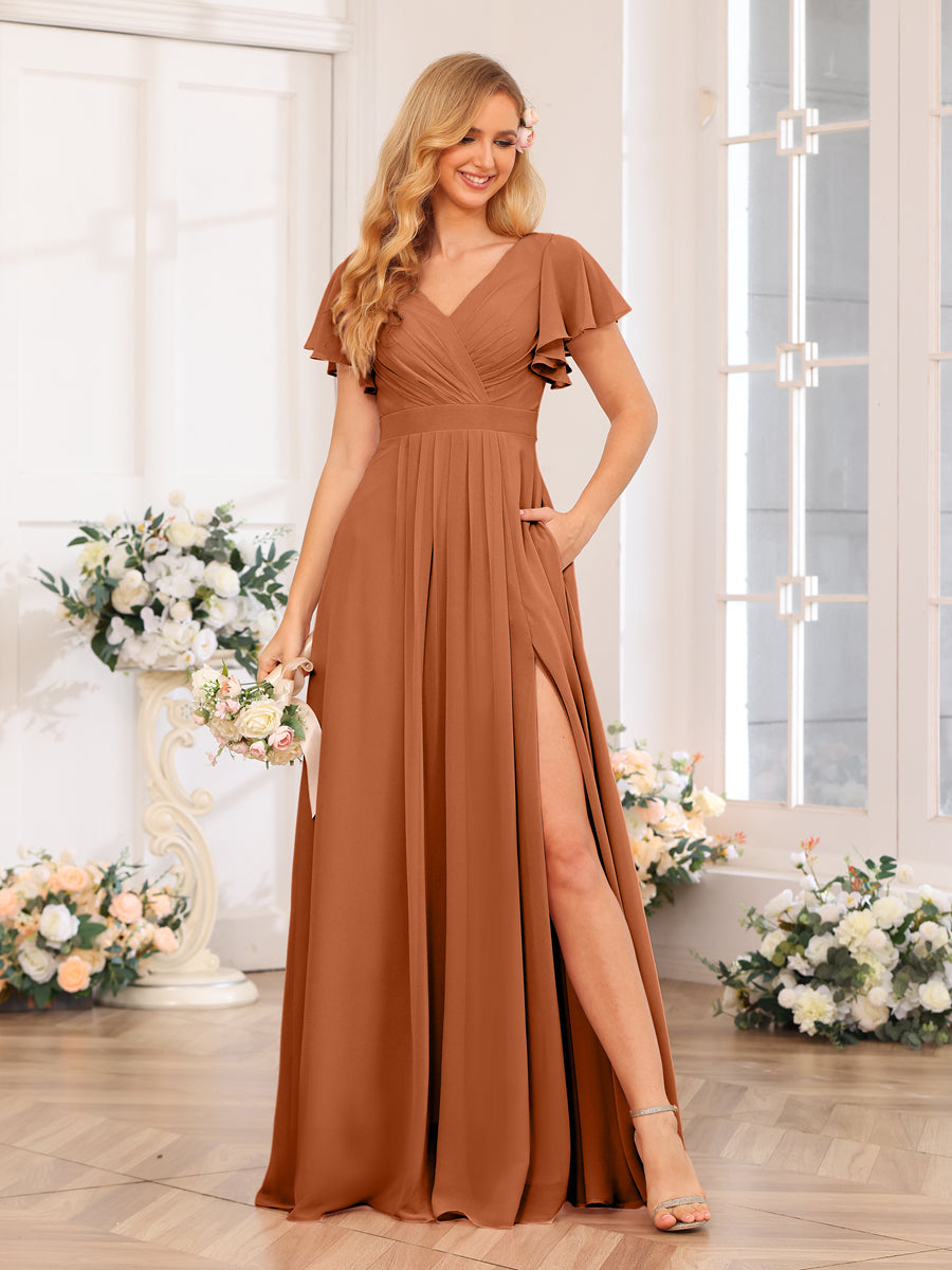 A-Line/Princess V-Neck Long Wedding Party Dresses with Split Side & Pockets Burnt Orange