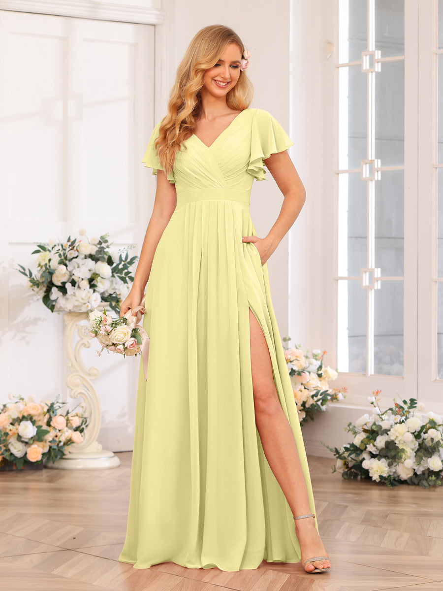 A-Line/Princess V-Neck Long Wedding Party Dresses with Split Side & Pockets Canary