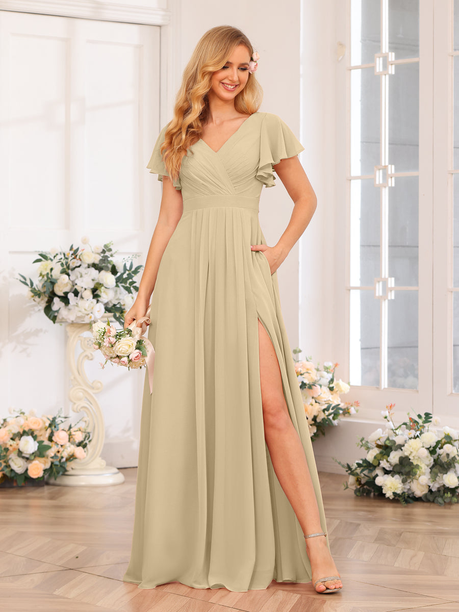 A-Line/Princess V-Neck Long Wedding Party Dresses with Split Side & Pockets Champagne