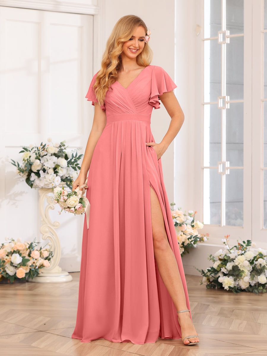 A-Line/Princess V-Neck Long Wedding Party Dresses with Split Side & Pockets Coral