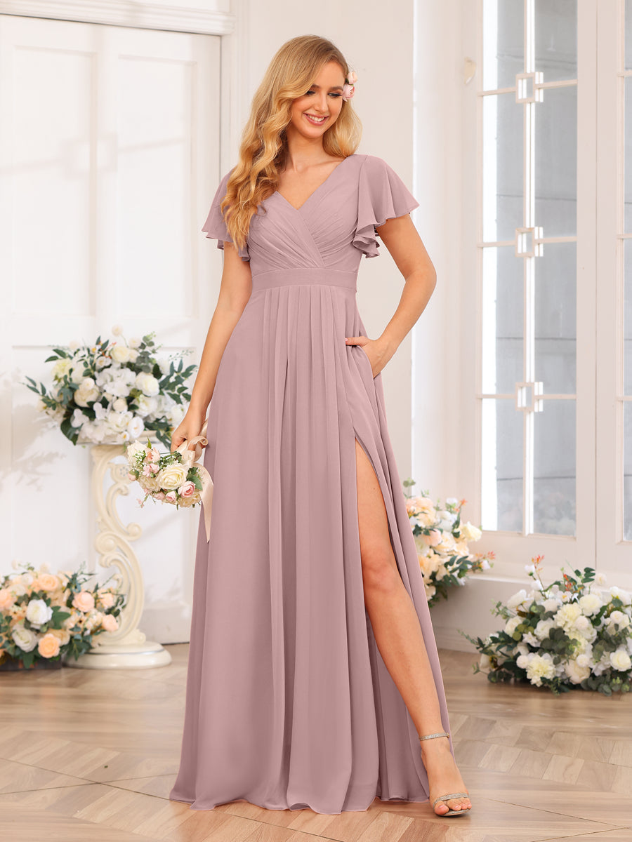 A-Line/Princess V-Neck Long Wedding Party Dresses with Split Side & Pockets Dusty Pink