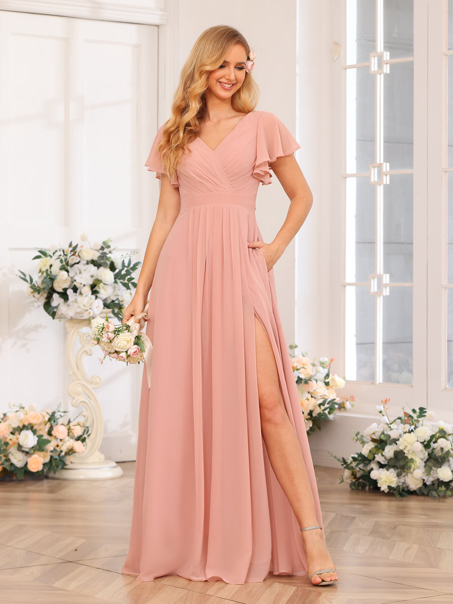 A-Line/Princess V-Neck Long Wedding Party Dresses with Split Side & Pockets Dusty Rose