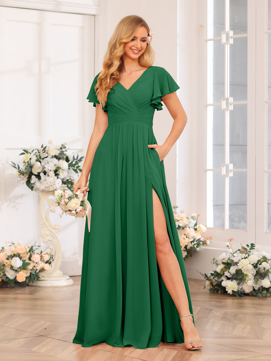 A-Line/Princess V-Neck Long Wedding Party Dresses with Split Side & Pockets Emerald